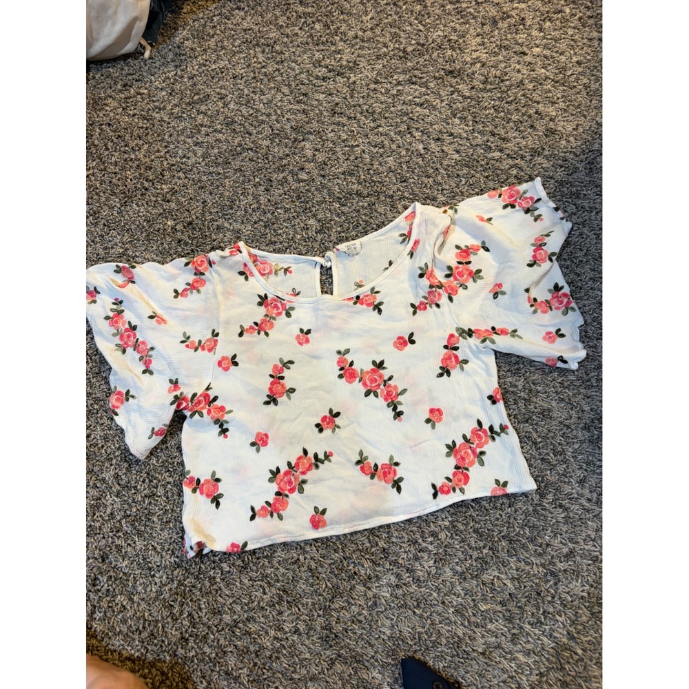 Canyon Sky Floral Embroidered Crop Top White Pink Rose Flutter Sleeve Medium